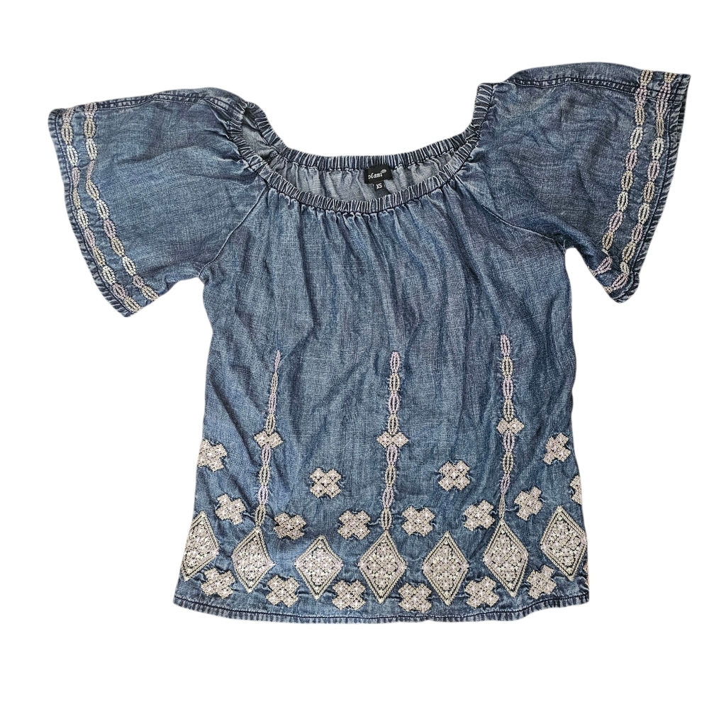 Tolani Womens Chambray Top Embroidered Blouse XS Boho Art To Wear Off Shoulder